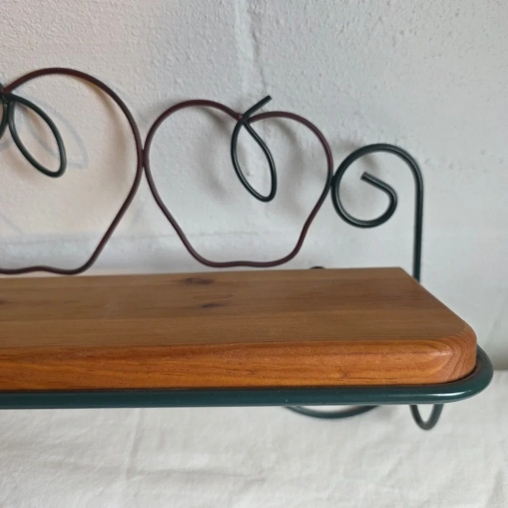 Vintage 90s Home Interiors Wood and Wrought Iron Apple Shelf Towel Bar Red Green